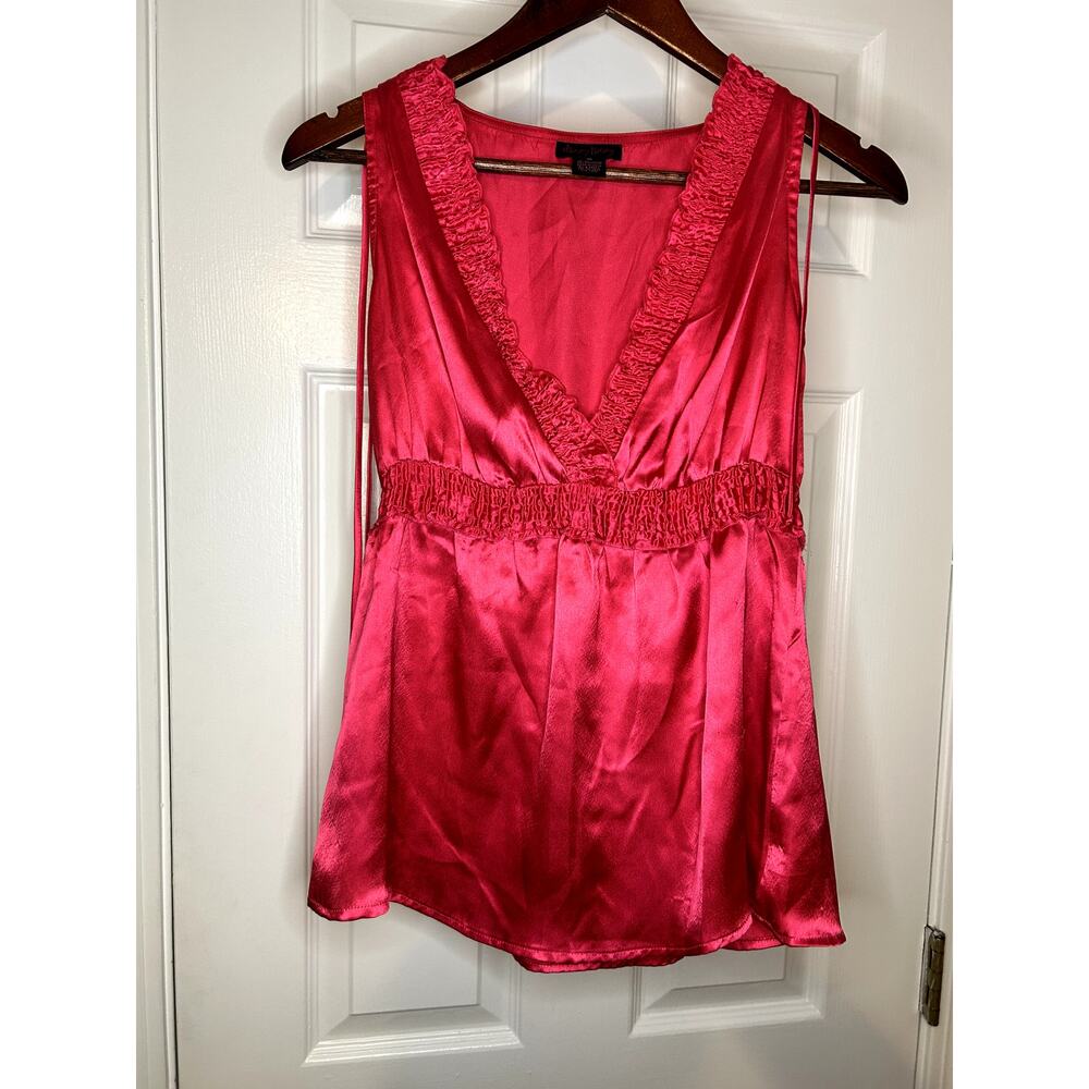 Y2K Satin Babydoll Top Pink Sleeveless Tie Shoulder Ruffle V Neck Women’s Medium